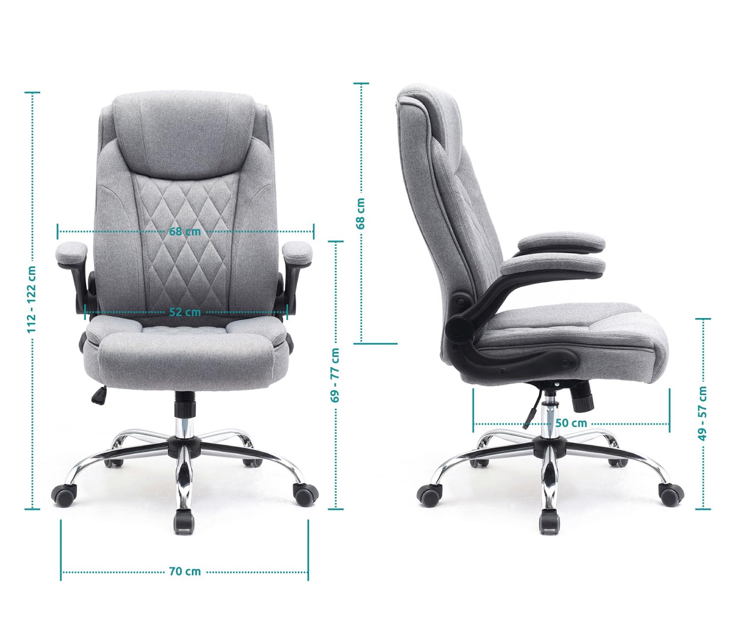 Stoff-Bürostuhl Comfortable, ergonomischer Drehstuhl bis 130 kg, mit klappbaren Armlehnen, Schreibtisch Stuhl mit Hohe Rückenlehne, grau