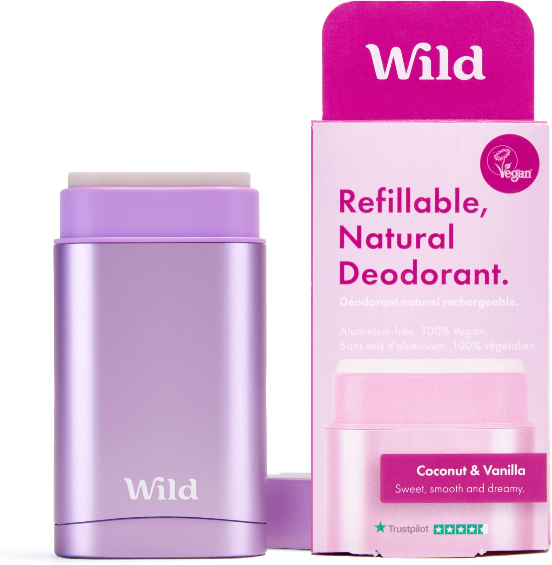 Natural Refillable Deodorant - Vegan & Eco-Friendly - Aluminium Free - Long Lasting Protection - Natural Ingredients - Starter Kit - Purple Case Coconut & Vanilla Refill - 40g