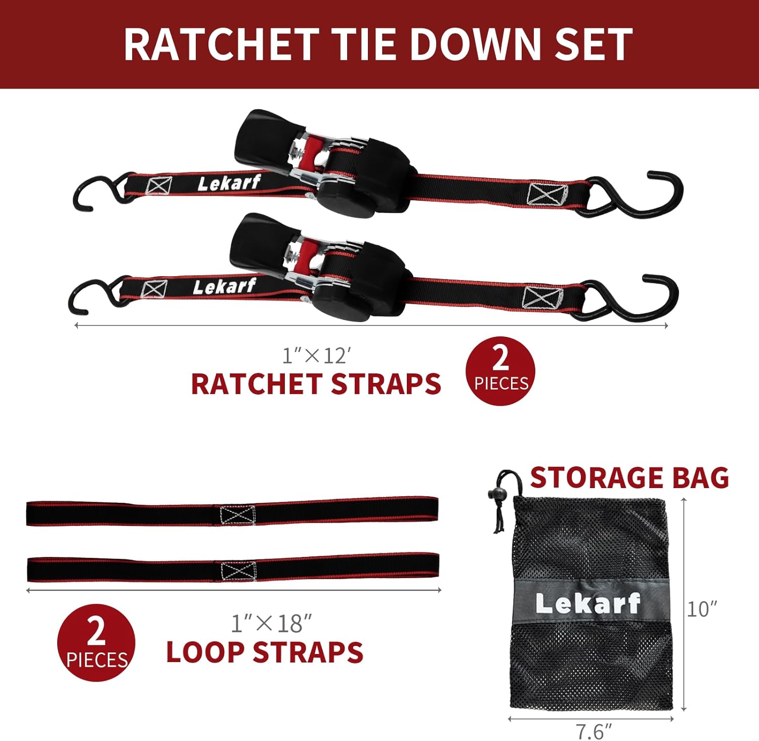 Lekarf Ratchet Straps, Retractable Ratchet Tie Down, 2PC Pack 1” x 12' with Breaking Load of 1200Lbs, 2 Loop Straps and Storage Bag for Motorcycle, ATVs, Boats, Hauling, Cargo Secure - Image 2