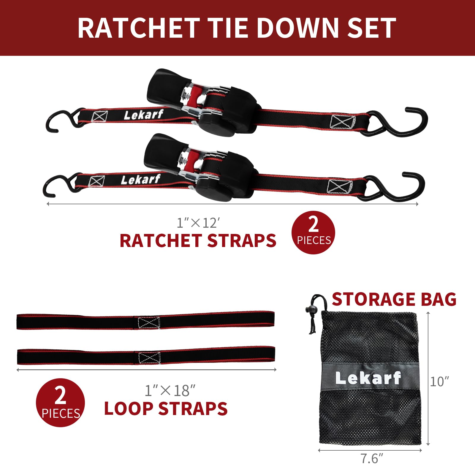 Lekarf Ratchet Straps, Retractable Ratchet Tie Down, 2PC Pack 1” x 12' with Breaking Load of 1200Lbs, 2 Loop Straps and Storage Bag for Motorcycle, ATVs, Boats, Hauling, Cargo Secure