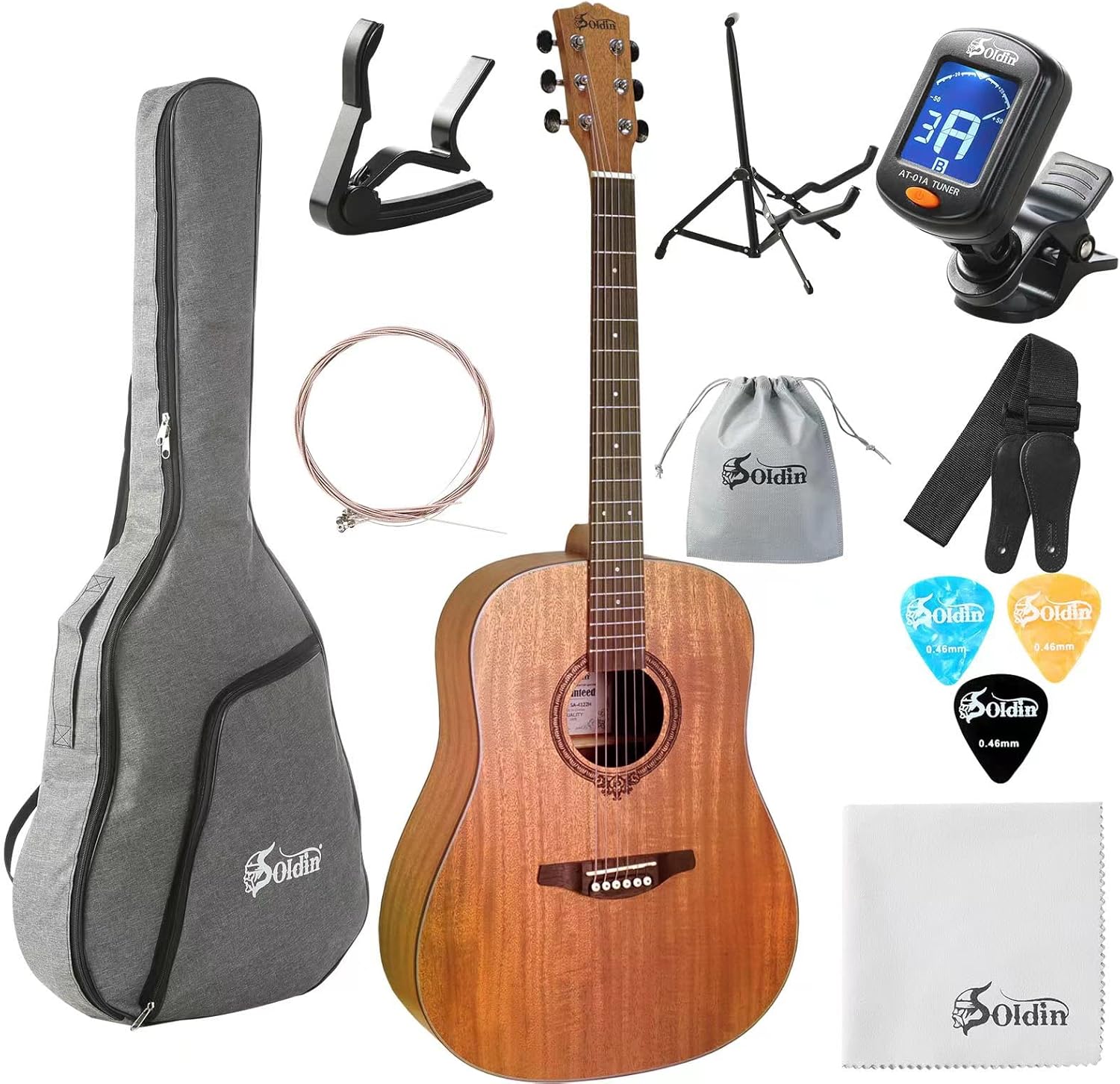 41 Inch Dreadnought Acoustic Guitar All Mahogany Bundle Kit With Gig Bag,Guitar Stand,Tuner,Strap,Capo,Strings,Cleaning Cloth and Picks - Natural