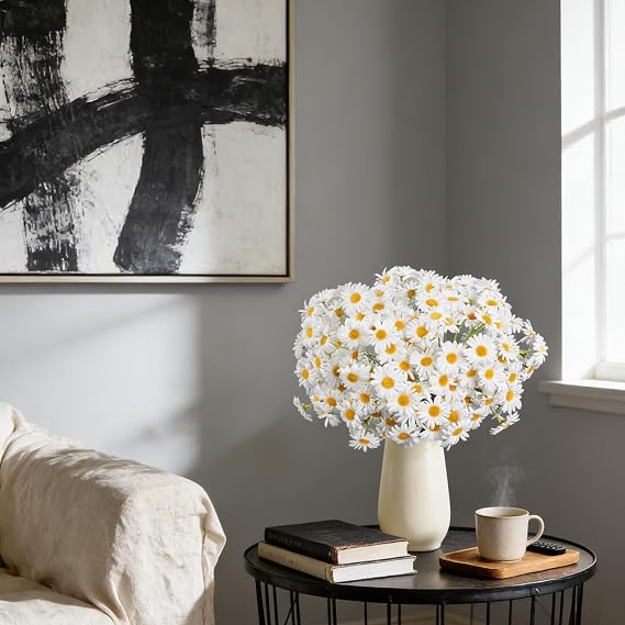 AmyHomie Artificial Daisy Flowers, 5 Bunches 135 Heads White Silk Gerbera Daisies, Fake Wildflowers with Bendable Stems for Wedding Home Indoor Outdoor Decor (20 Inches,White)