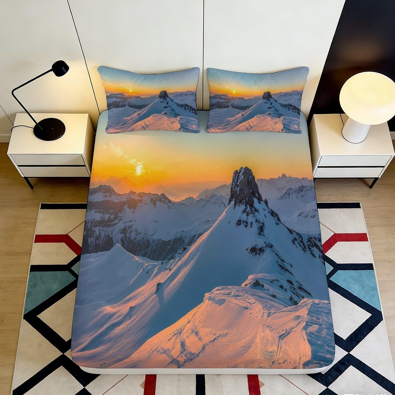 3D Printed Mountain Sunrise Fitted Sheet Microfiber Anti-Slip Scenic Sunset Mattress Cover for Bedroom Guest Room Decor 180x200x25cm
