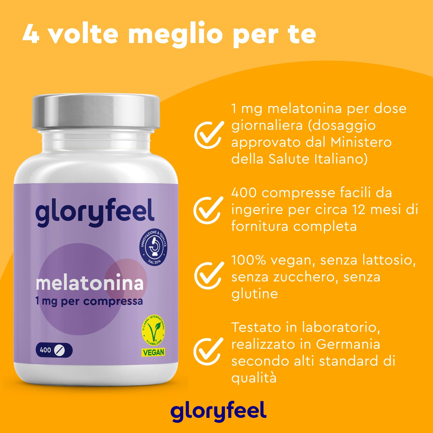 Melatonina Forte Pura per Dormire, Scorta +1 Anno, 400 Compresse, 1 mg per Compressa, per Prendere Sonno e per Fisiologico Rilassamento, Melatonina Forte per Dormire, Testato in Laboratorio, Vegan