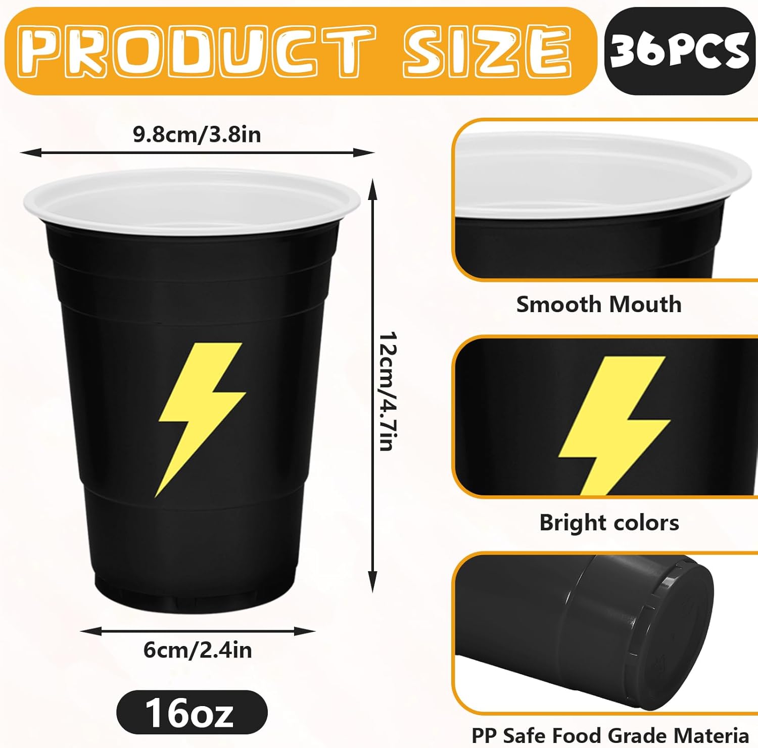 JarThenaAMCS 36Pcs Lightning Plastic Cups 16oz Red Yellow Black Disposable Plastic Cup Cartoon Party Cups for Birthday Baby Shower Supplies - Image 2