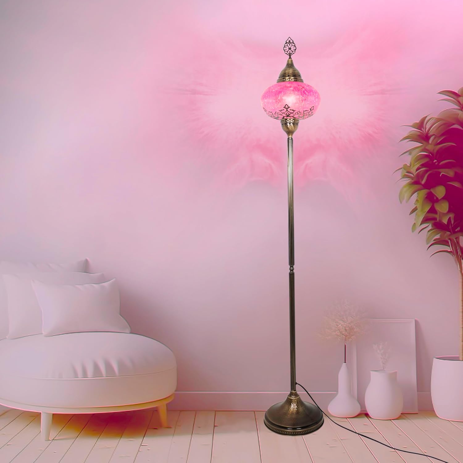 Turkish Floor Lamp - Cracked Pattern Glass Standing Lights - Boho Vintage Design - Stained Glass - Tiffany Style Floor Lamp - Moroccan Inspired - Unique Standing Light (Pink)