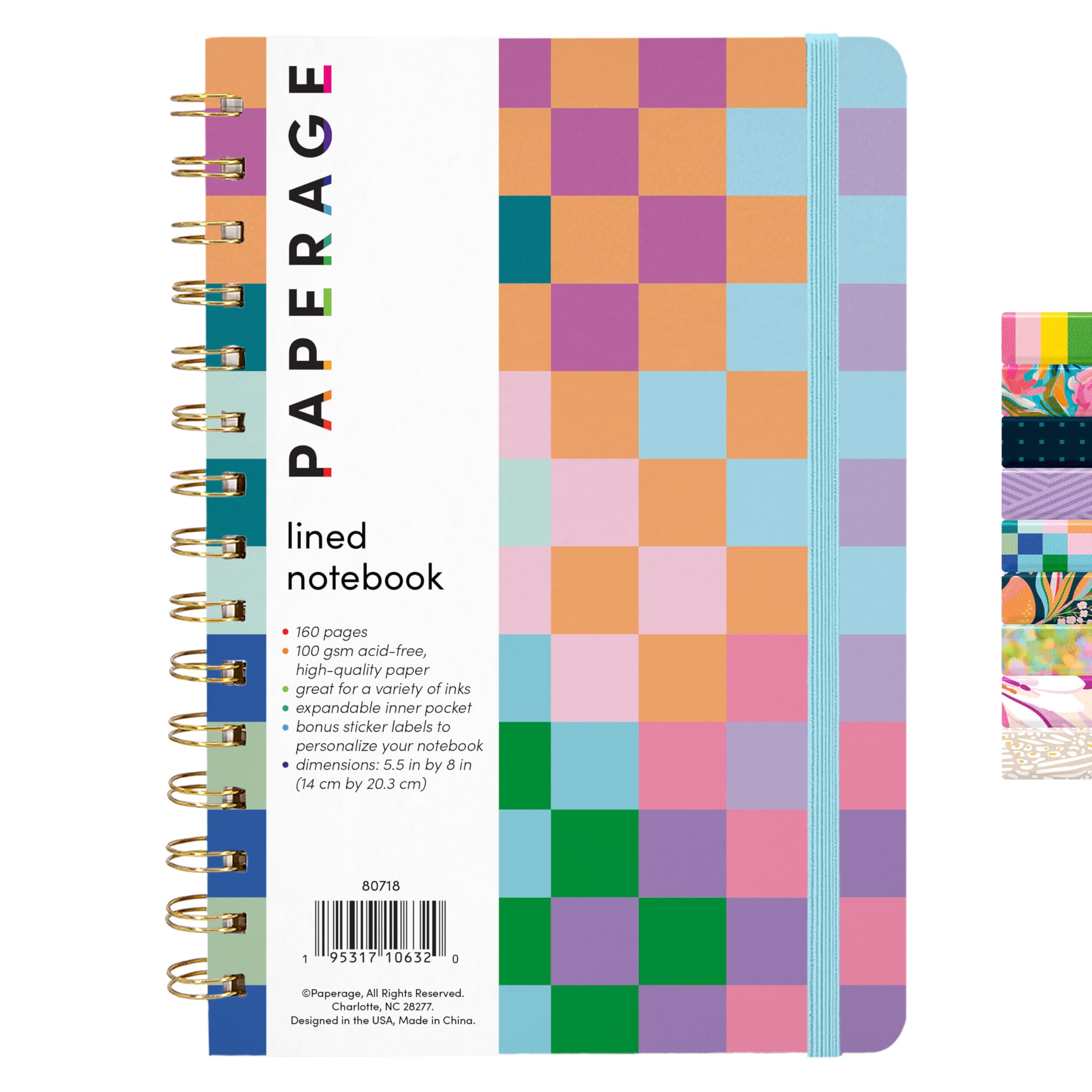 PAPERAGE Lined Spiral Journal Notebook, (Checkered Rainbow), 160 Pages, Hardcover Journal for Women & Men, Medium 5.5 in x 8 in - 100 GSM, Thick Paper