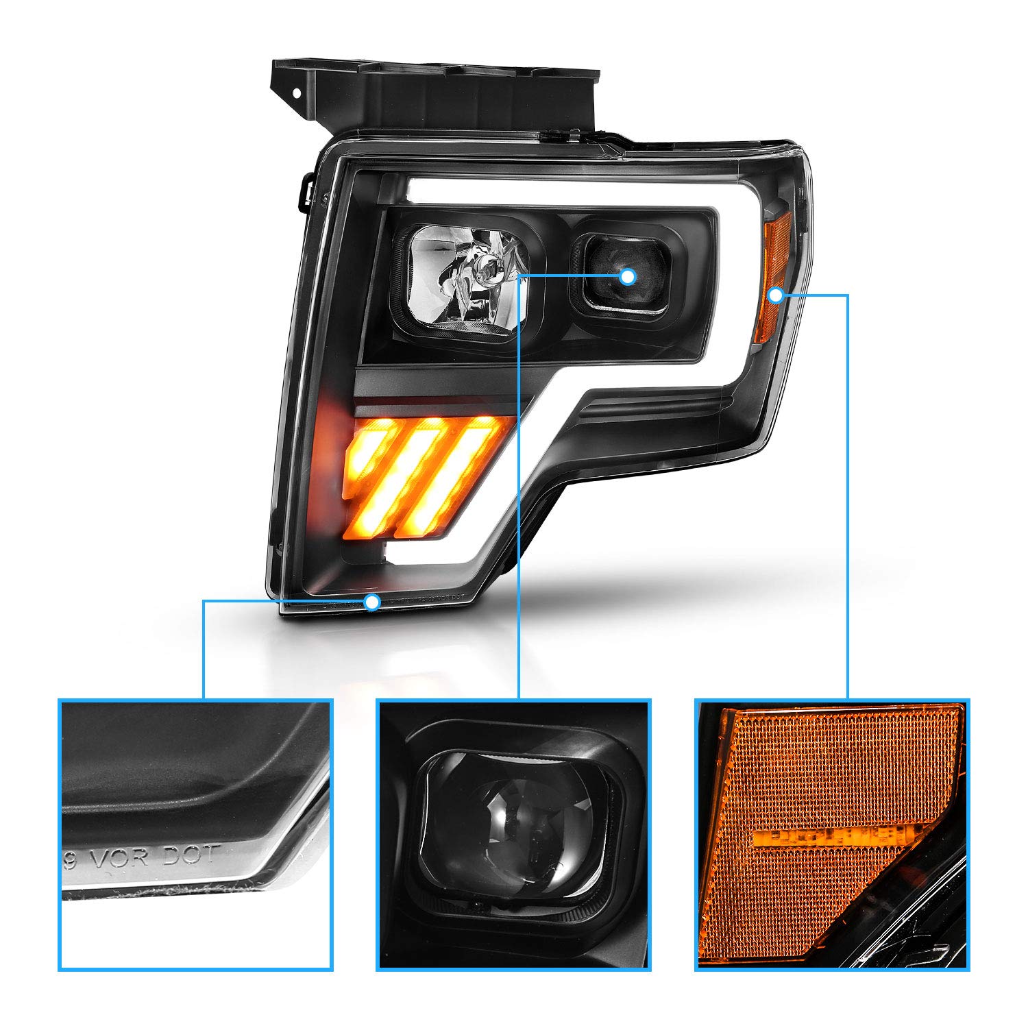 AmeriLite For 2009-2014 Ford F150 Truck LED Tube Projector Black Replacement Halogen Headlights Set - Passenger and Driver Side