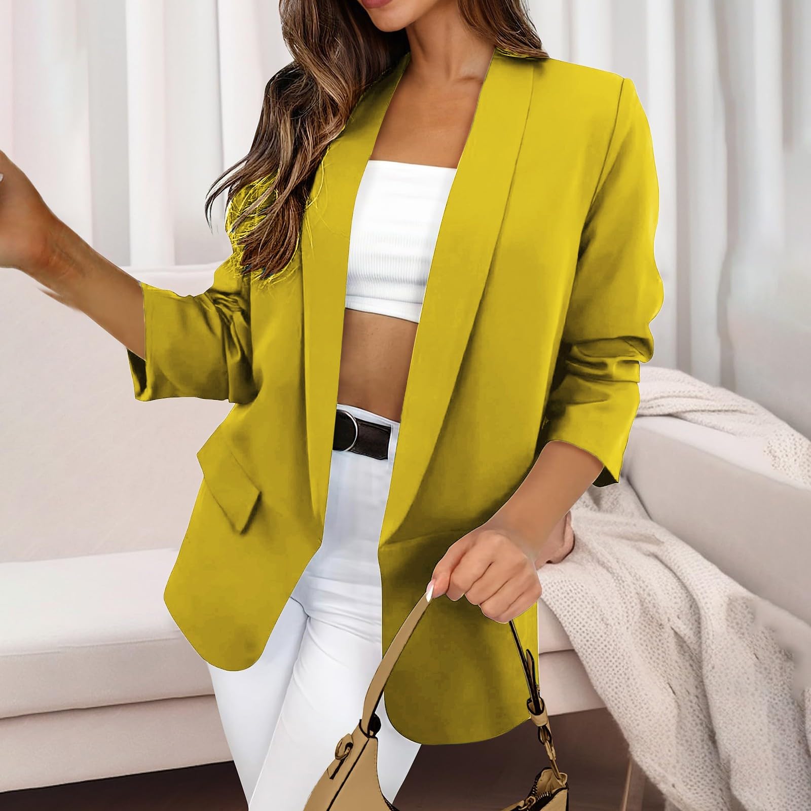 Elegante chaqueta de trabajo para mujer, abierta, con solapas, de manga larga, de oficina, informal, color liso, para otoño