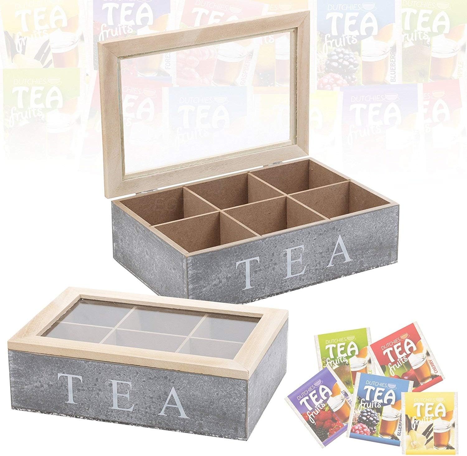 Section Wooden Tea Box Chalk Grey Glass Hinged Lid Kitchen Tea Bag
