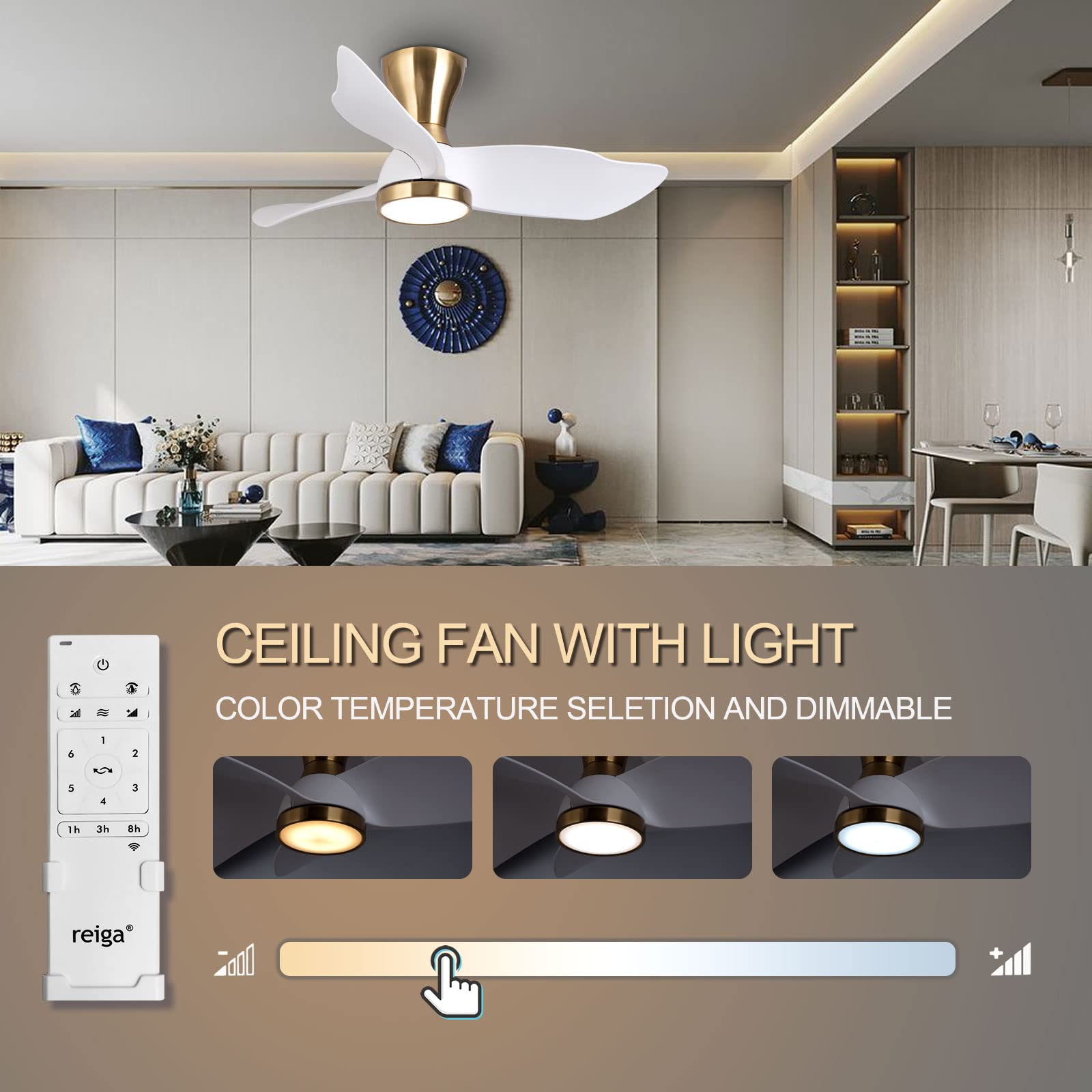 reiga 91CM White Gold Flush Mount Ventilatore da soffitto con 3 pale, luce e telecomando, adatto per uso interno, modalità estate inverno, timer