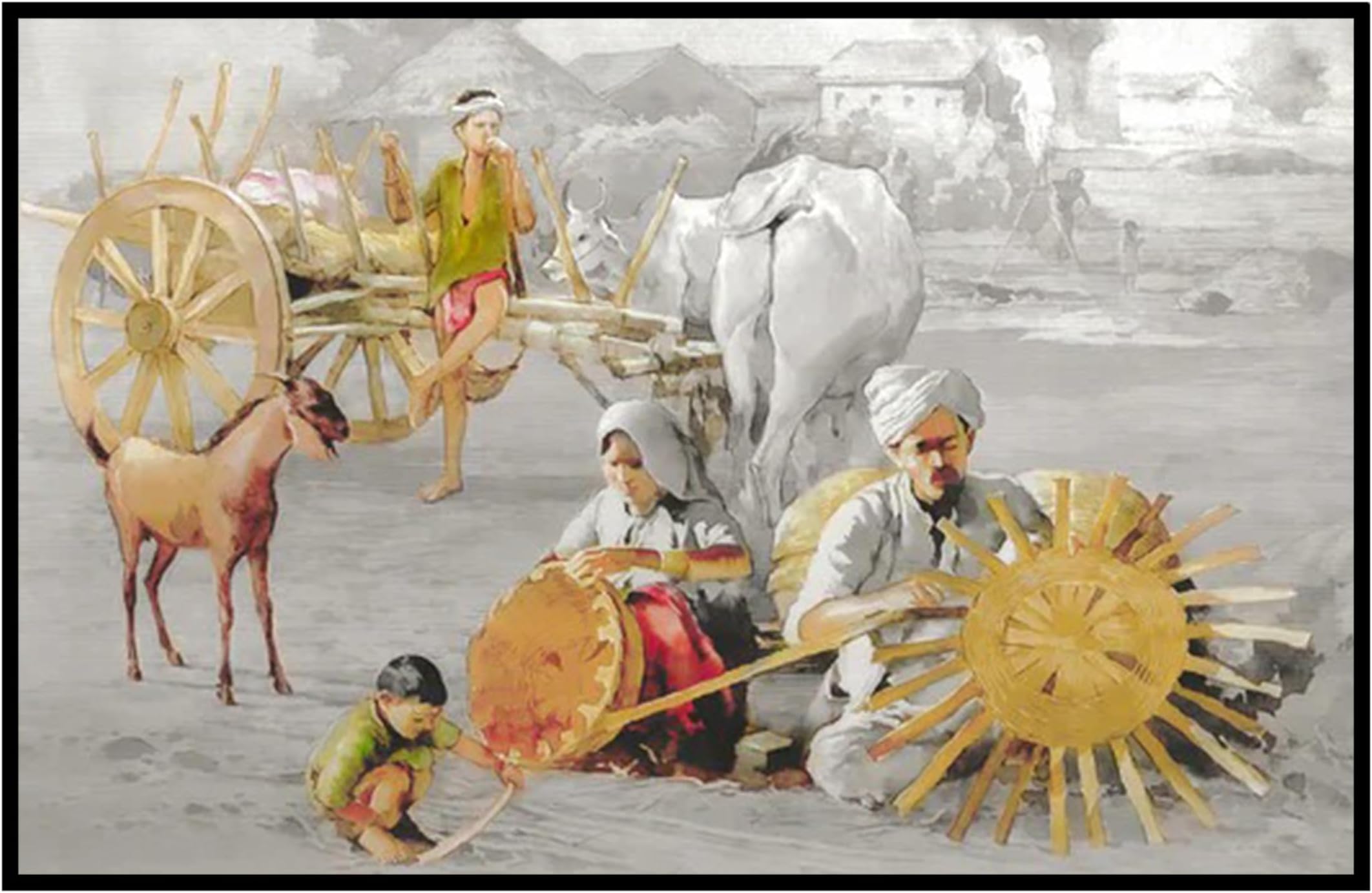 Treemaison Paper Village Scene - Vastu Remedy, Painting Village Scene Without Frame, 17 Inch
