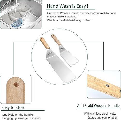 Miniatura 4 de HOTEC Juego de espátulas planas de metal, parrilla de acero inoxidable, espátula, espátula, herramienta de barbacoa, juego de 3