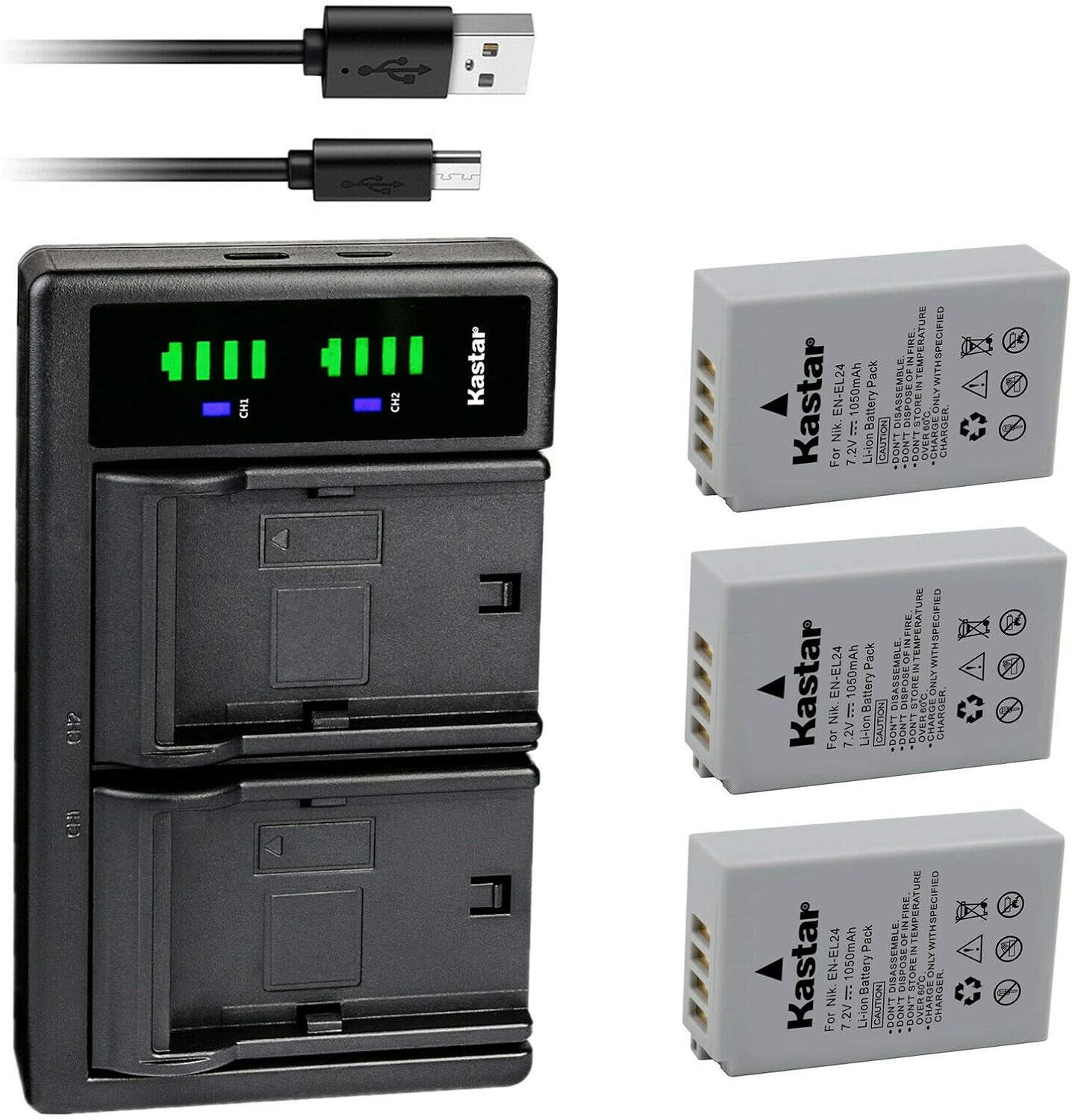 Kastar 3-Pack Battery and LTD2 USB Charger Compatible with Nikon EN-EL24 ENEL24 EN-EL24a ENEL24a Battery, Nikon MH-31 Charger, Nikon 1 J5 1J5, Nikon DL18-50 DL1850, Nikon DL24-85 DL2485 Digital Camera