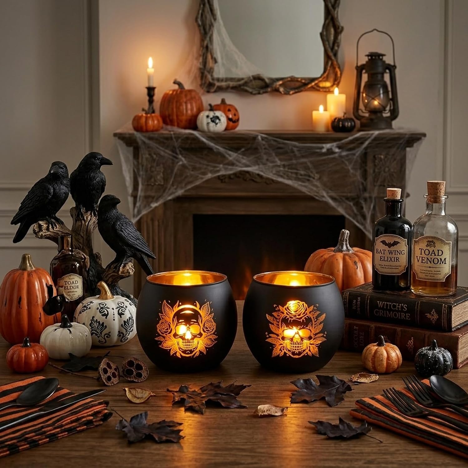 Glass Skull Head Candle Holder - 2 Pcs Black Halloween Tea Light