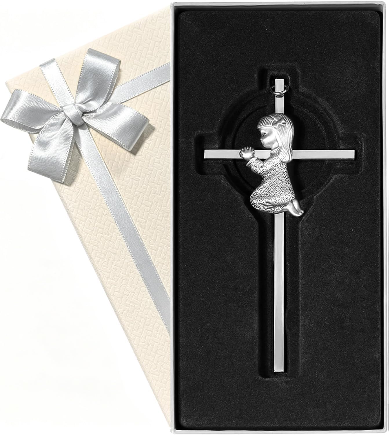 Baby Wall Cross Baptism Gifts for Girl, 6-inch Silver Praying Catholic Girls Baptism Crosses for Christening, First Holy Communion & Baby Dedication Gifts, Baptismal Cross Newborn Nursery Decor