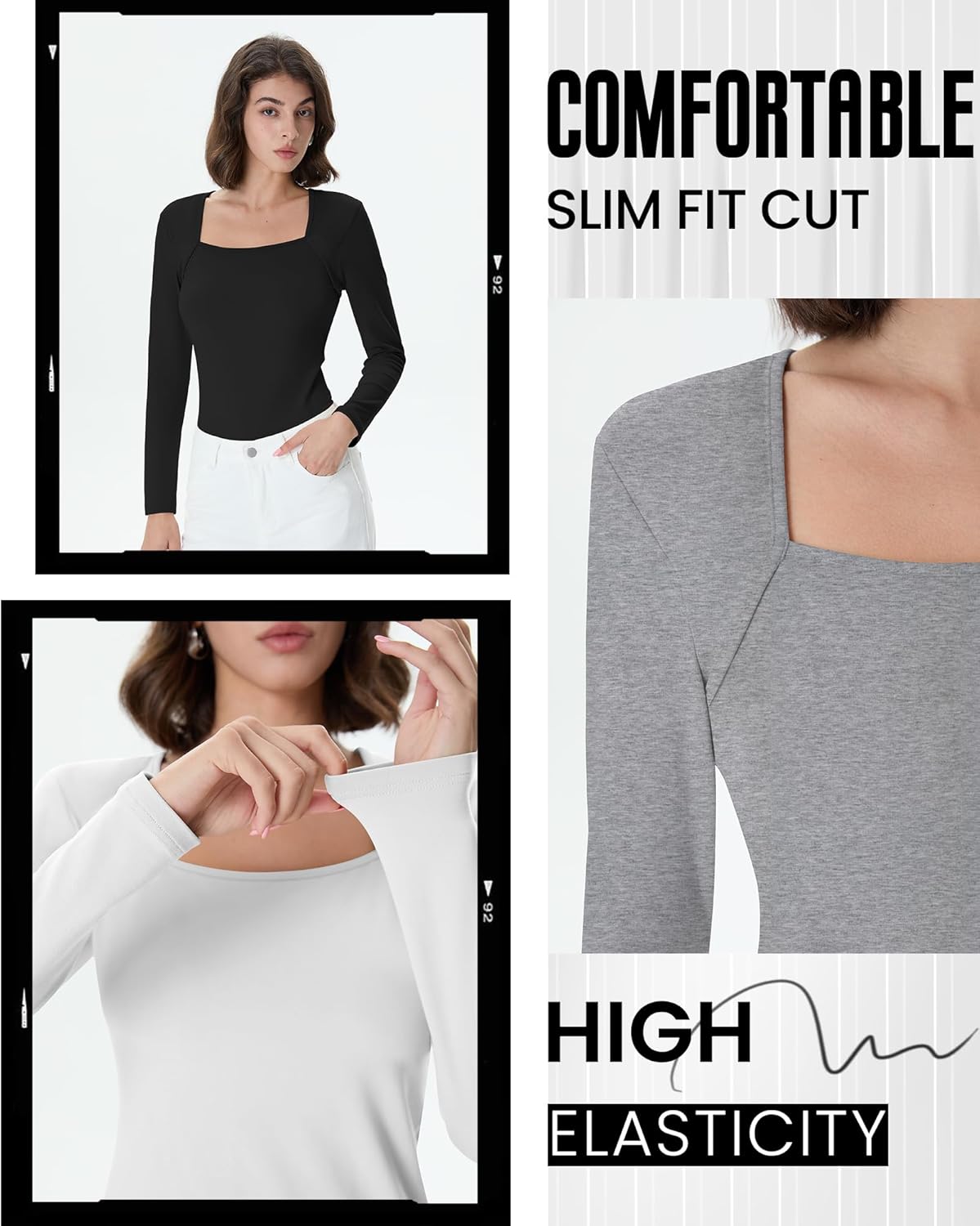 3 Pack Women's Square Neck Long Sleeve Tops, Double Lined Slim Fit Shirts Basic Trendy Going Out T Shirts - Image 5