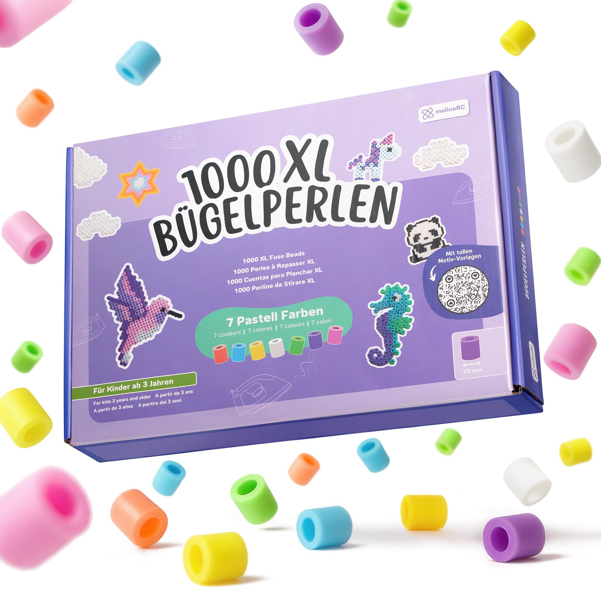 molinoRC Große Bügelperlen 10mm [1000er Nachfüll Pack] in 7 PASTELL Farben - mit 30+ VORLAGEN-Download - XL Bügelperlen - Steckperlen groß ab 3 Jahren für einfaches Bügeln & Basteln - Maxi Perlen