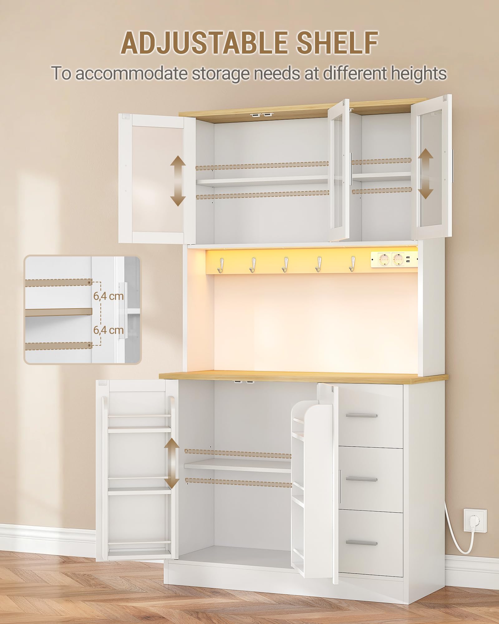 Hzuaneri Buffetschrank, Küchenschrank, mit 6-Stufigem Regal Hinter den Türen, 5 Schranktüren und 3 Schubladen, LED und Steckdosenleiste, Küche, Eiche-Weiß, 40 x 100 x 180 cm, PT10303XEU