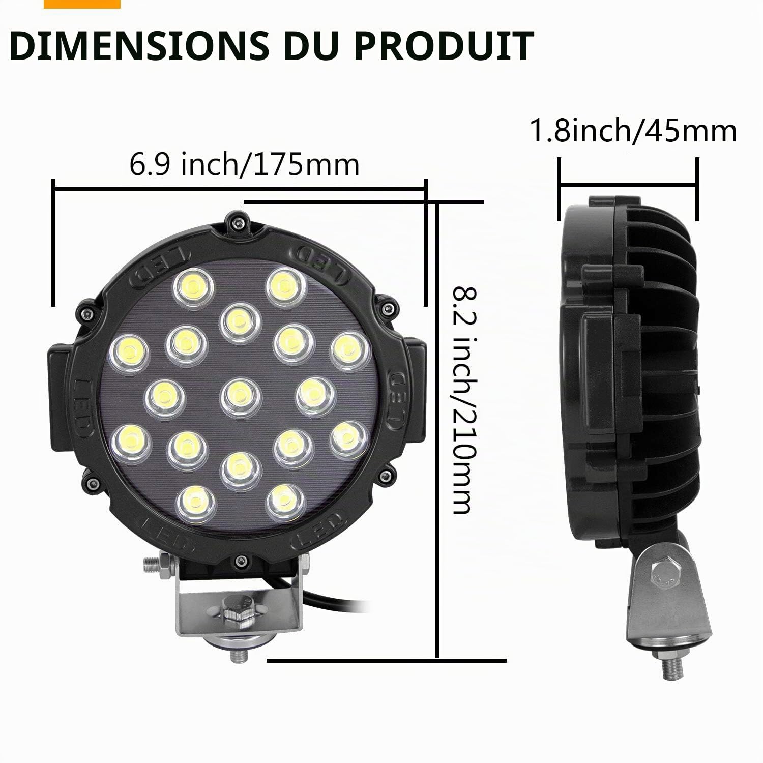 RIGIDON 2x rond phare de travail led, noir 7 pouces 51W feu antibrouillard