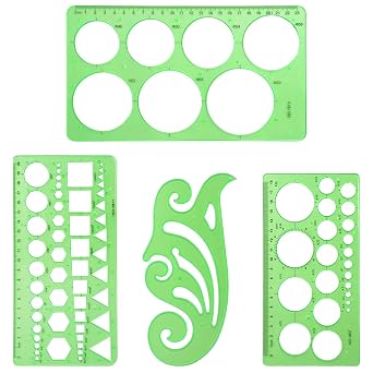 4 Pcs Geometric Drawings Templates, Measuring Geometry Rulers Drafting Stencils Measuring Tools, Transparent Green Plastic Drawing Tool for Design School Studying Office Architecture Teaching Supplies