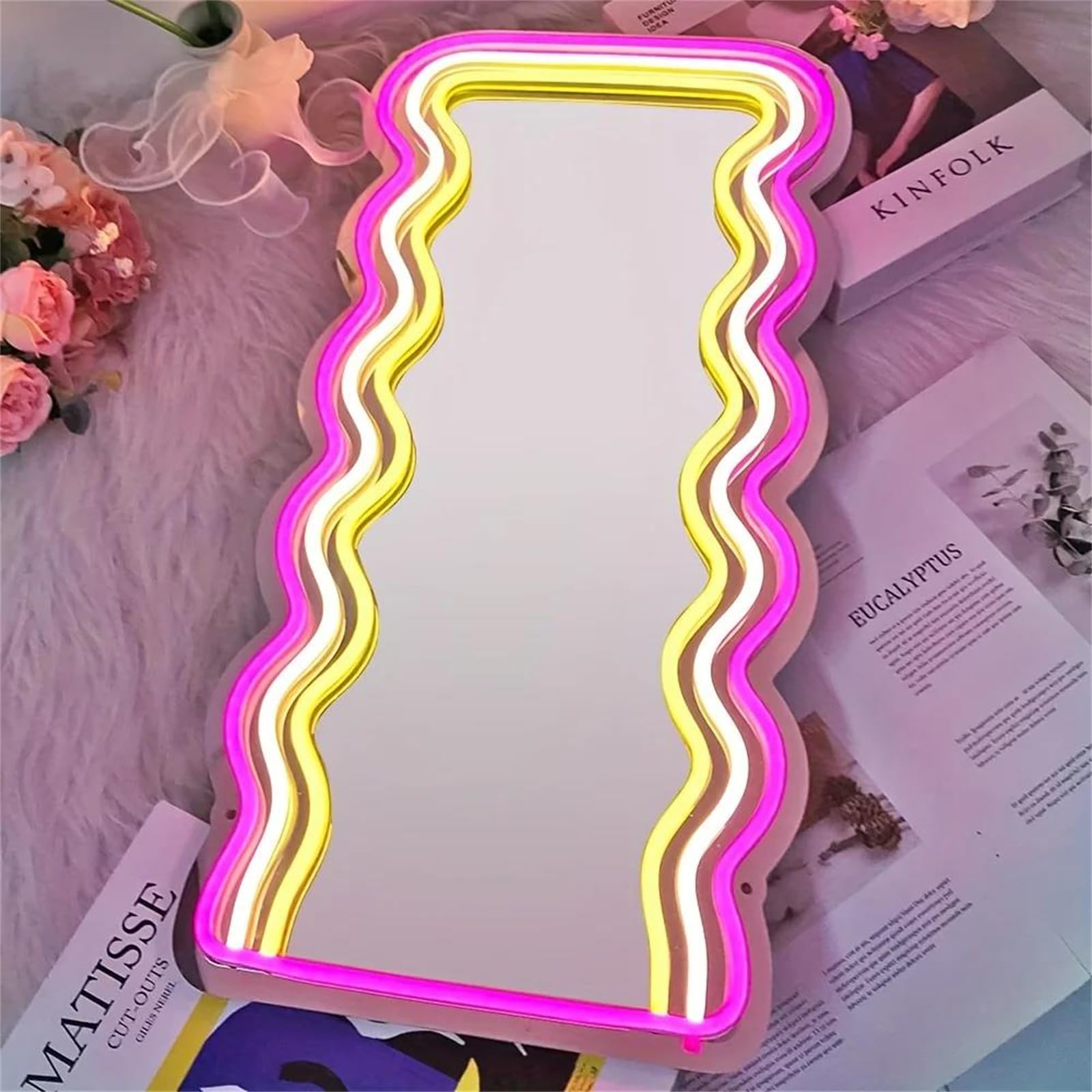 B,Panneau néon LED avec Miroir ondulé alimenté par USB pour Coiffeuse décoration Murale Chambre à Coucher Cadeaux artistiques décoration Table Maquillage Cadeaux d'anniversaire