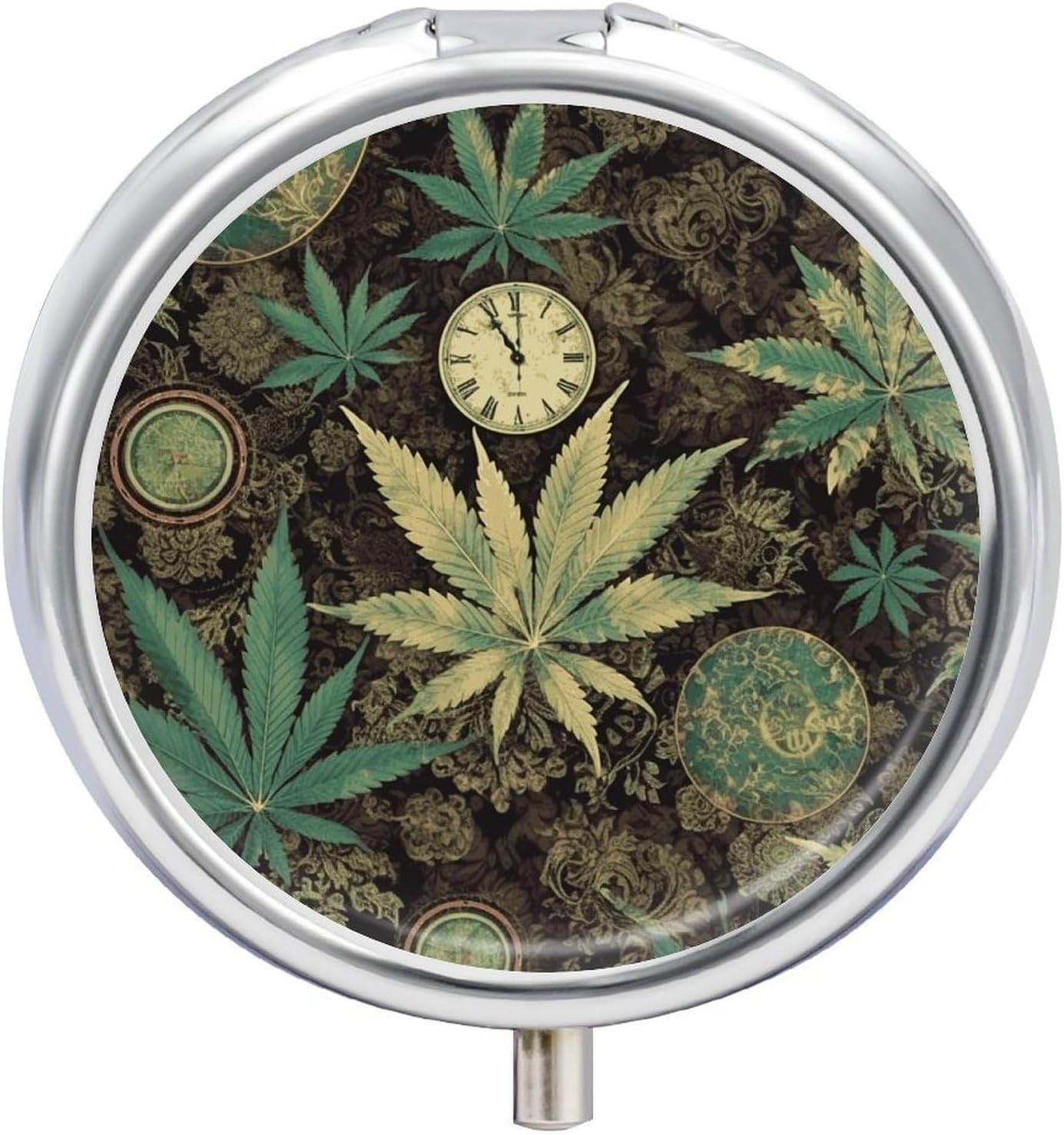 A Puff in Time Weed Marijuana Travel Pill Case Cute Round Pill Organizer for Pocket Or Purse Portable Daily Pill Box with 3 Compartment for Pills Medication Supplements Vitamin