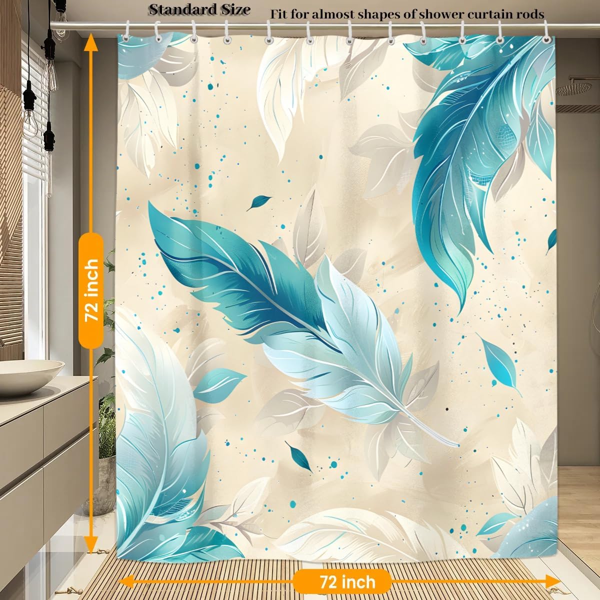 Blue Feather Shower Curtain 72x72 inch Cloth Shower Curtains for Bathroom Waterproof Curtains with 12 Hooks Modern Fabric Bath Curtain Cloth for Bathtub Home Decor Gift