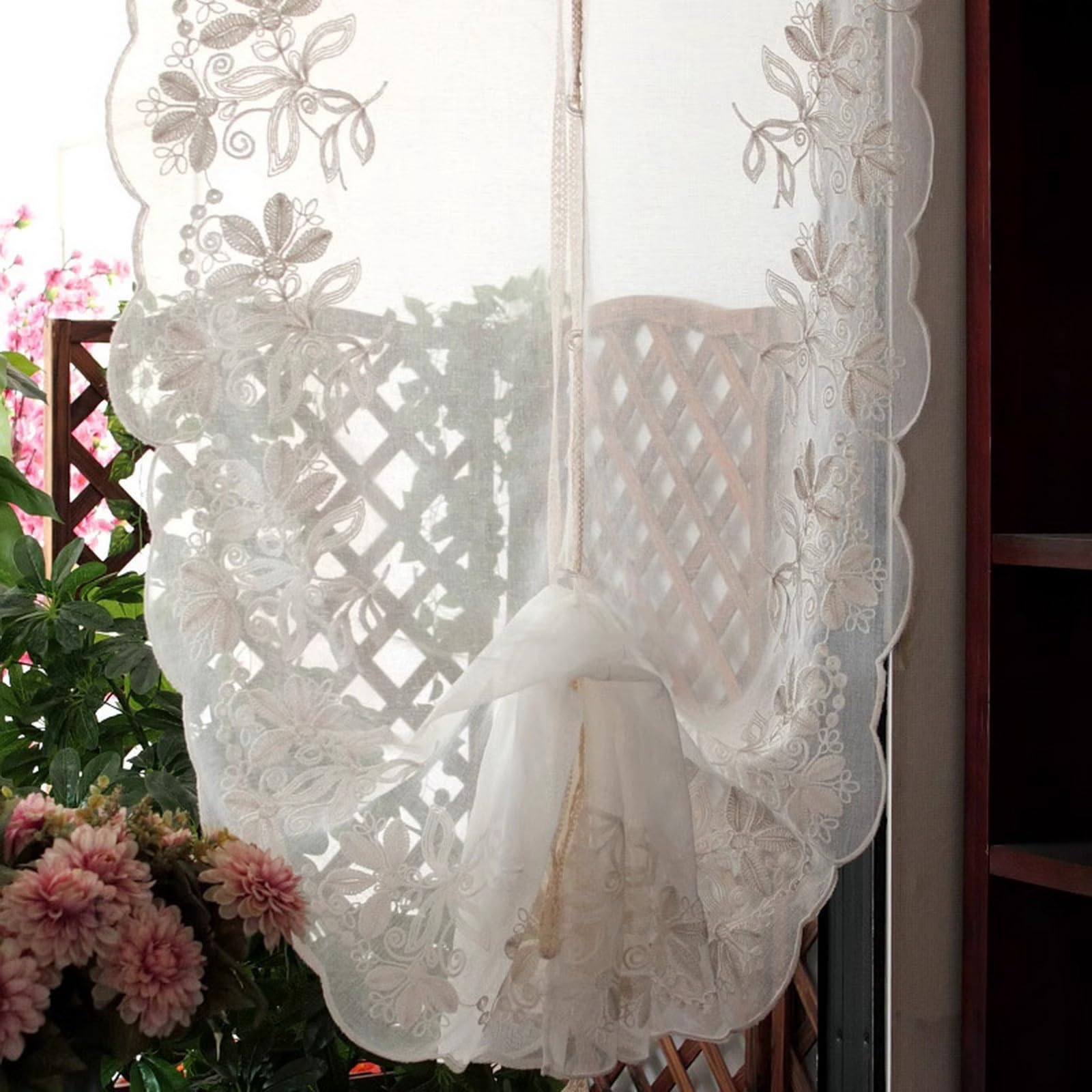 A.Monamour Raffrollo mit Schlaufen Raffgardinen Bindegardine Schlaufenrollo Weißer Transparenter Bestickter Voile Floraler Spitze Küche Gardine Vorhang Store, Rod Tasche/Pinch Pleat, 2 Stücke