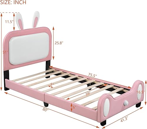Miniatura 2 de Cama de princesa tapizada en forma de conejo de tamaño individual con cabecero y estribo, plataforma tapizada de piel sintética para niños y