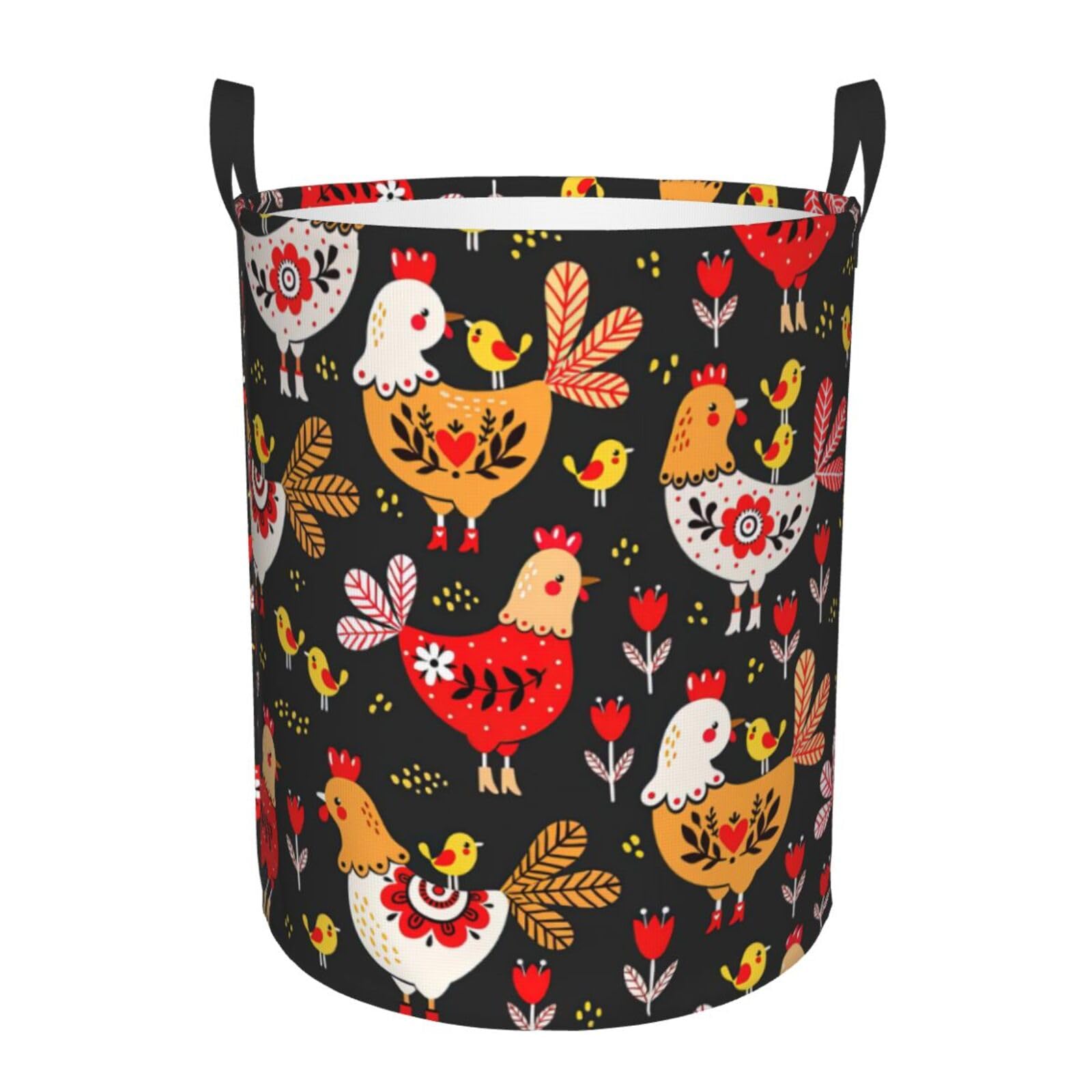 M Collapsible Round Cute Rooster Chickens Print Laundry Hamper