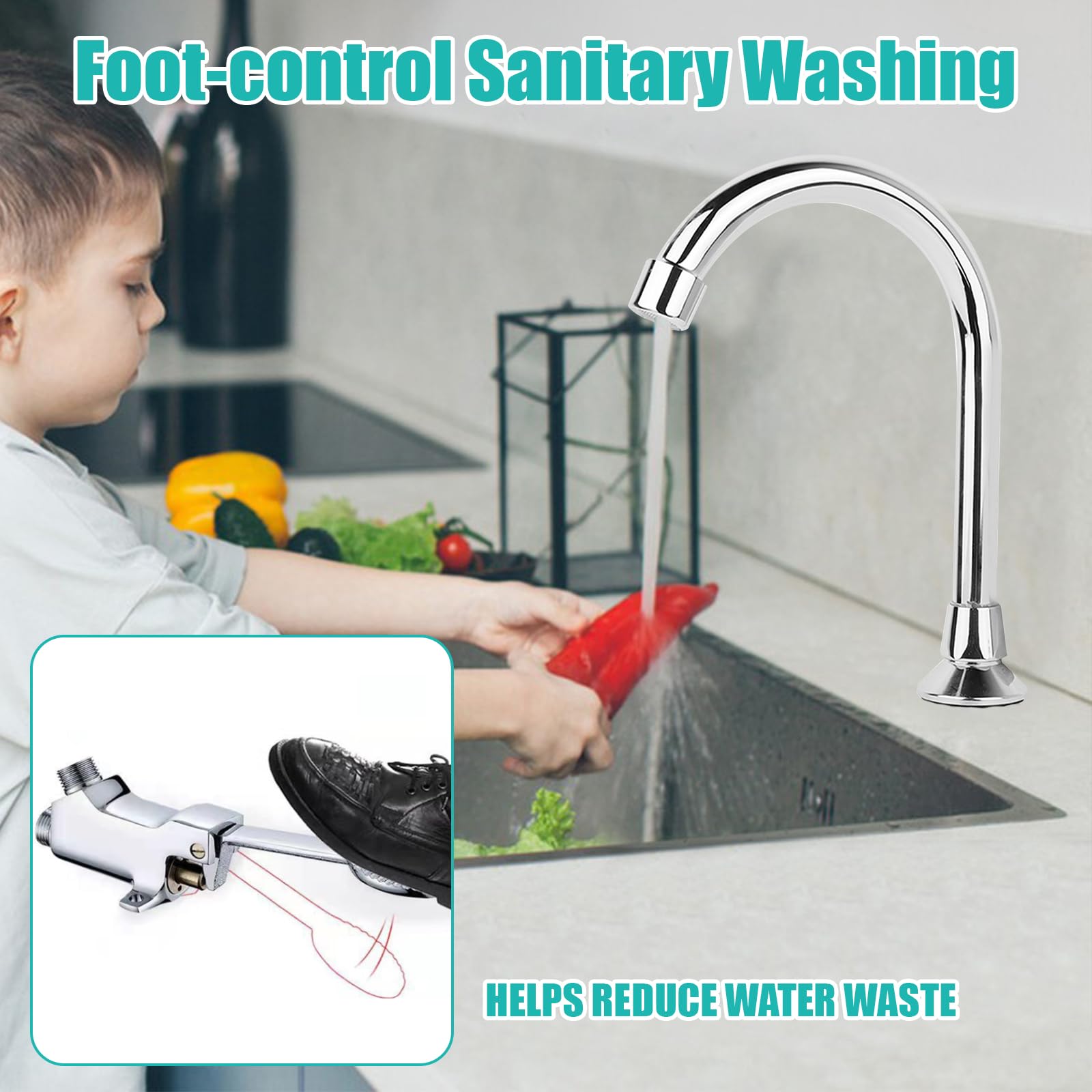 GAESHOW G1/2" Robinet de Commande au Pied sans Contact, Robinet à Pédale, Valve D'eau à Pédale, pour Laboratoire, Écoles, Usines, Hôpitaux