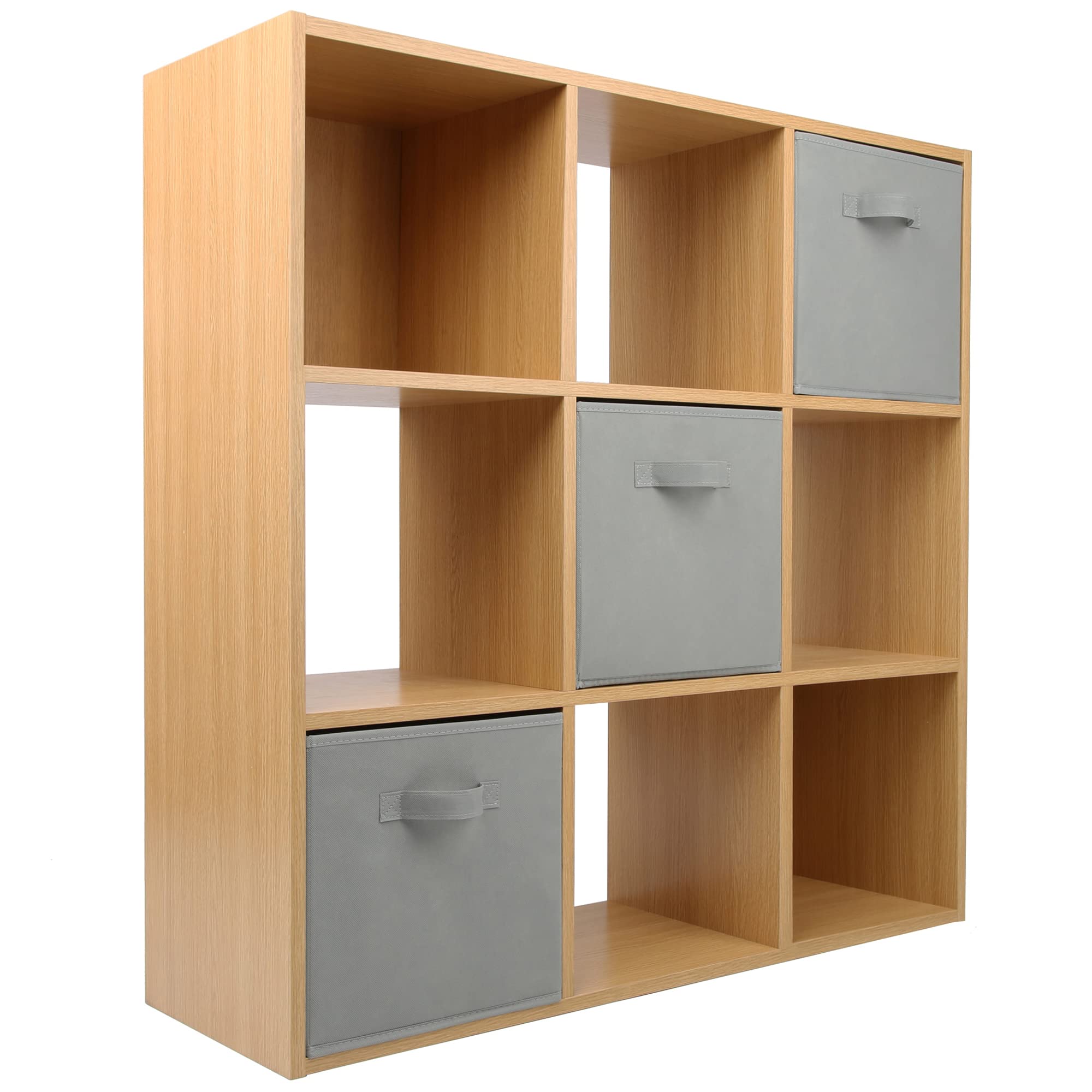 Charles Jacobs Oak 9 Cube Storage Shelving Unit + 3 Grey Fabric Drawers