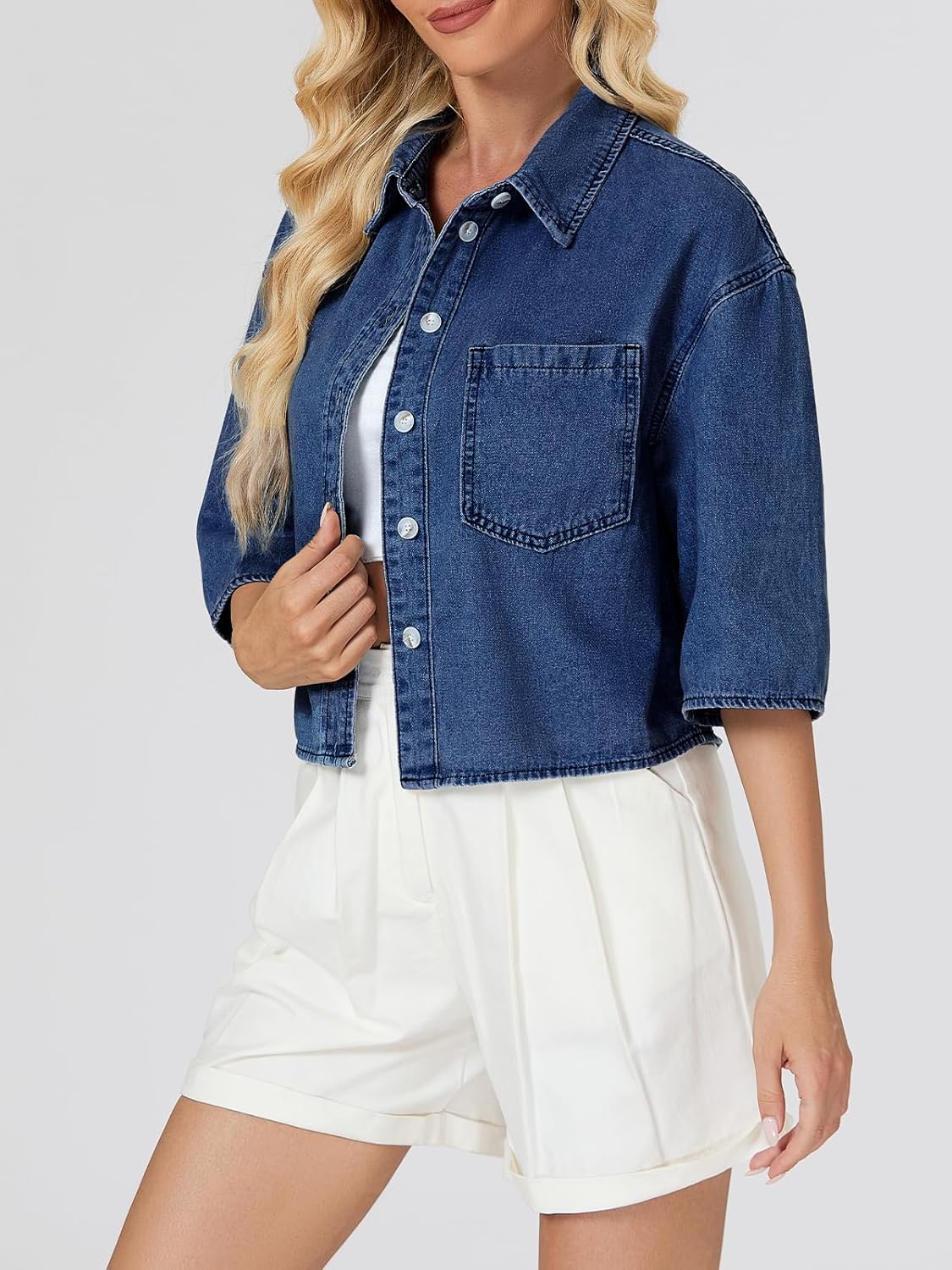 Women’s Cropped Denim Shirt Button Down Half Sleeve Casual Jean Jacket Lightweight Collared Summer Jean Top with Pocket - Image 5