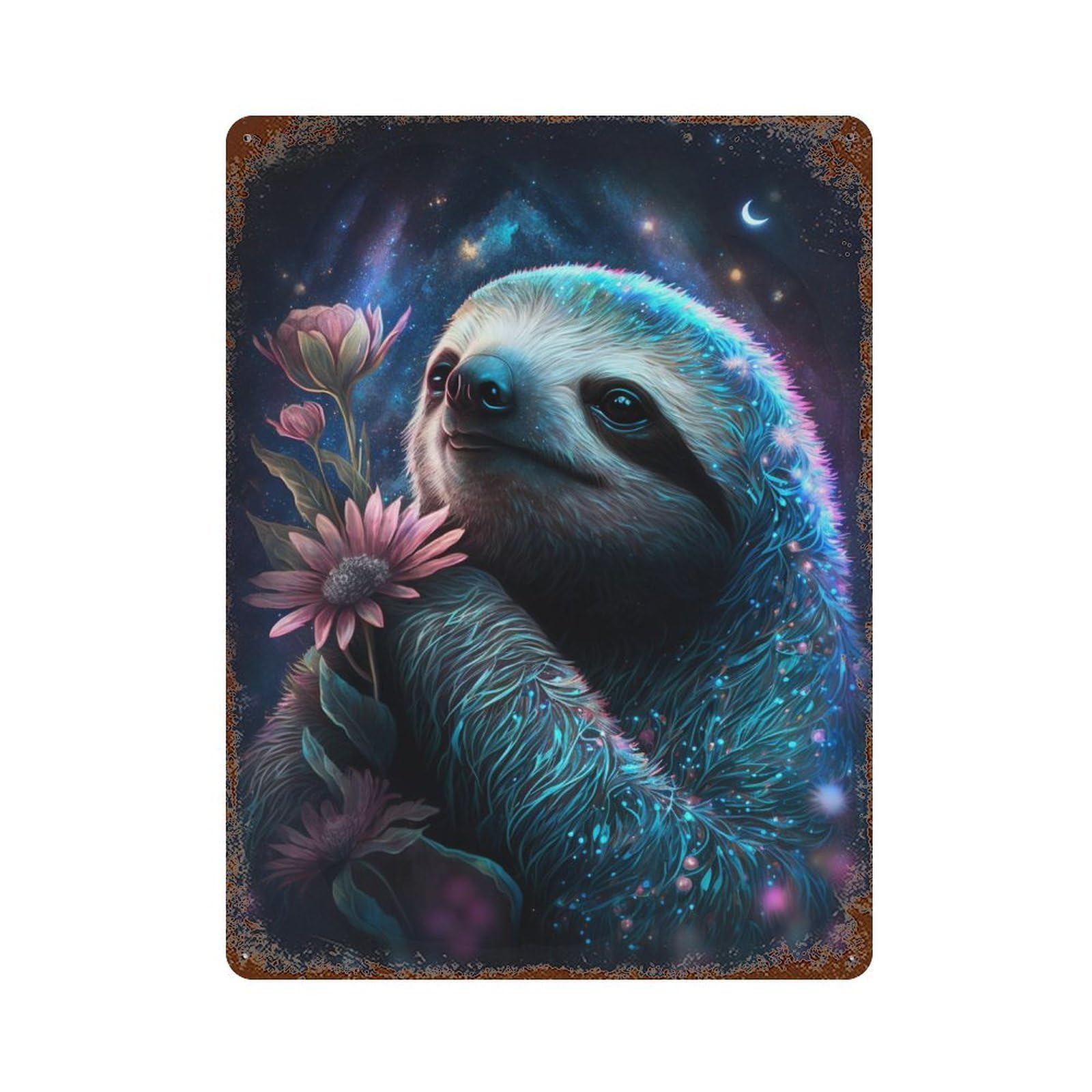 Glowing Sloth with Flowers Decorative Tin Sign 15.7"x11.8", Vintage Wall Decor for Basement, Hobby Room And Garage Decor