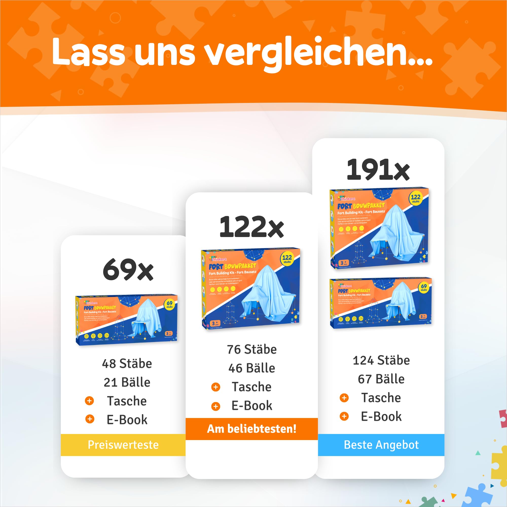 Fort Bausatz XL für Kinder, 122-teiliges Stecksystem mit 76 Stäben & 46 Steckbällen, Höhle Bauen Set für Indoor & Outdoor, Konstruktionsspielzeug ab 5 Jahren, Inkl. Tasche & E-Book mit Bauideen
