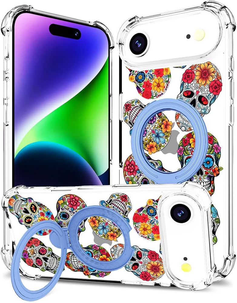 for iPhone 17 Air Case Magnetic Clear Design,Compatible with MagSafe,Kickstand Vertical/Horizontal,Shockproof Airbag Bumpers Phone Cover - Blue Skulls Skeletons Halloween