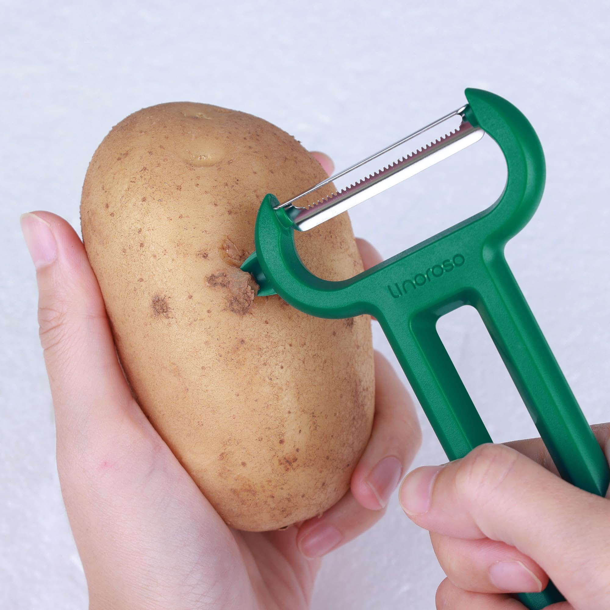 Linoroso 3PCS Pelapatate Professionale a Forma di I-Liscia e I-Seghettata e Y-Striata con Punte Appuntite, Per Pela Patate e Verdura Frutta, Scorrevolezza e Impugnatura Confortevole - Verde