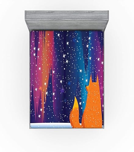Miniatura 2 de Lunarable Aurora Borealis Fitted Sheet, Colorful Sky in The Arctic Region with Cartoon Fox on a Snow Hill, Bed Cover with All-Round Elastic Deep