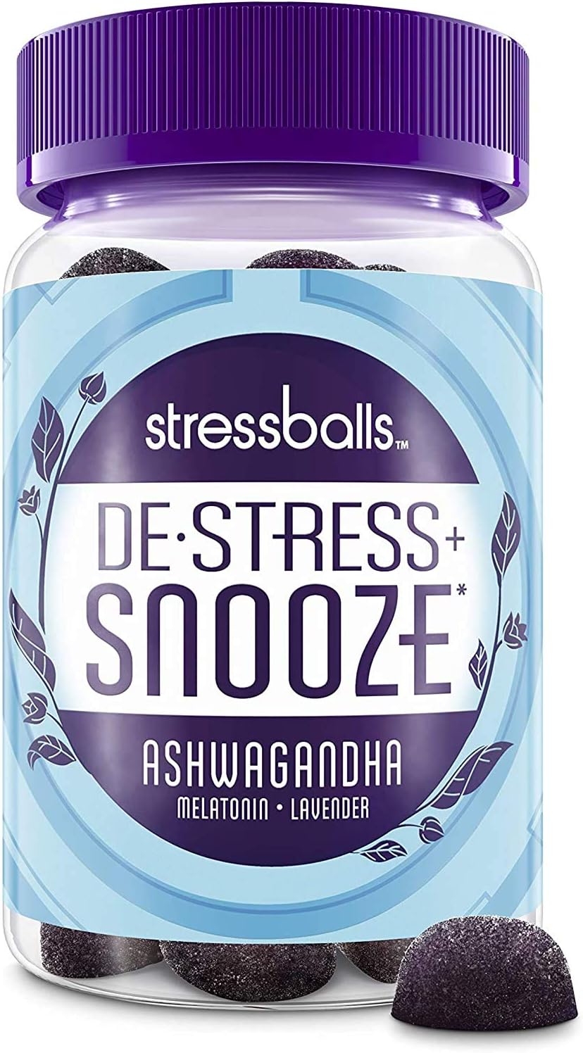 Stressballs, De-Stress + Snooze*, with Melatonin and Ashwagandha to Aid in Sleep and Stress Relief*, Chamomile & Lavender Herbal Blend, Non-Habit Forming Supplement, 46 Gummies : Health & Household
