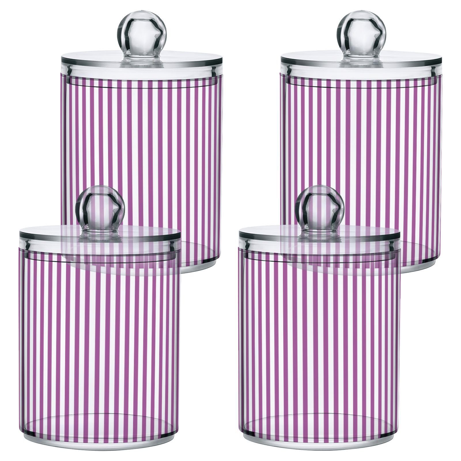 FLildon Purple White Stripes Qtip Holder Dispenser, Bathroom Organizer and Storage Containers, 2Pack Clear Plastic Apothecary Jars with Lids for Cotton Ball, Cotton Swab, Floss