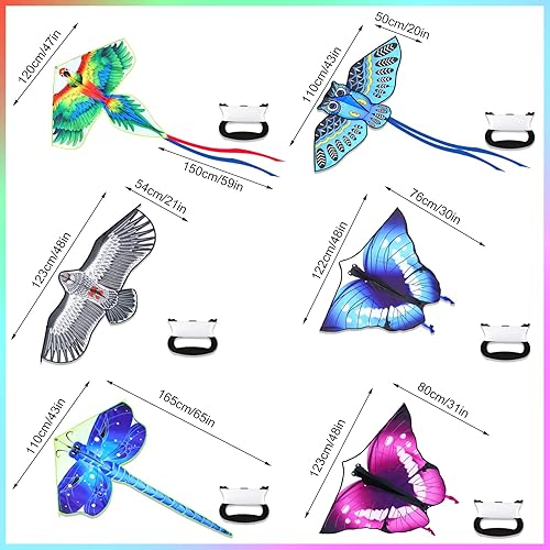 Miniatura 8 de Leitee Paquete de 6 cometas grandes para niños y adultos, cometa de mariposa para niños de 4 a 8 a 12 años, libélula búho, loro, águila, pez dorado,