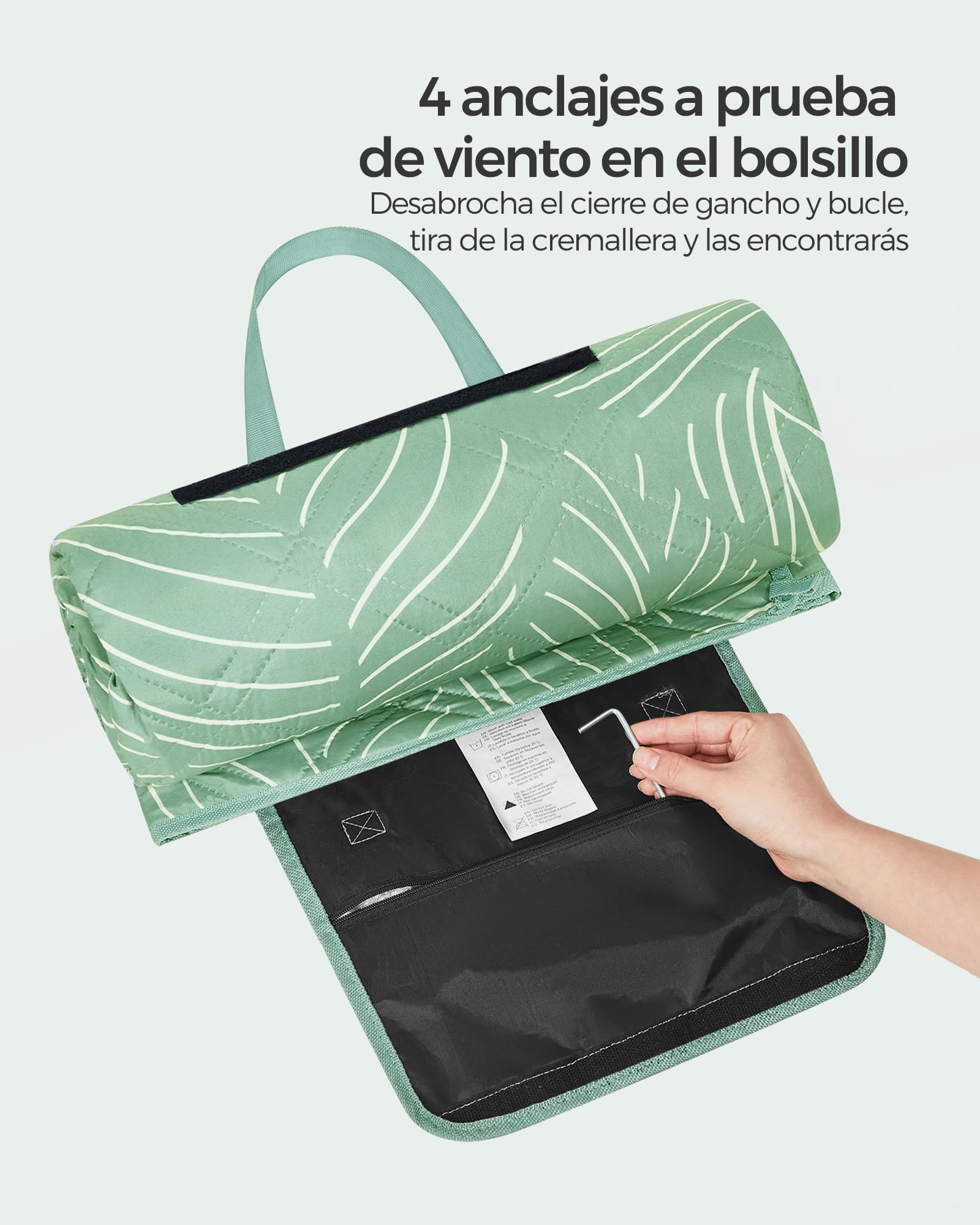 SONGMICS Manta de Picnic, 300 x 200 cm, con 4 Estacas de Suelo, Manta Grande, para Camping, Parque, Jardín, Playa, Impermeable, Lavable a Máquina, Plegable, Motivo de Hojas y Verde Menta GCM310C03