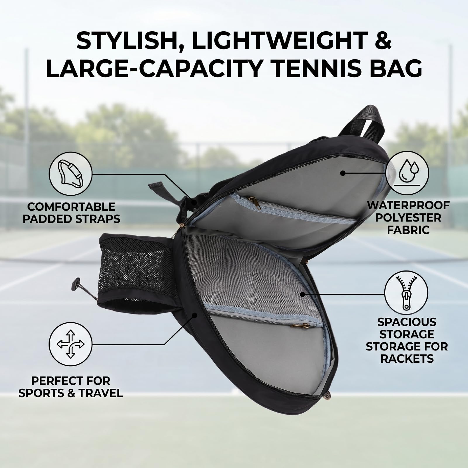 Bolsa para Raquetas de Tenis para Mujer, Bolsas Ligeras Pádel de Tenis con Bolsillos Malla, Bolsas para Raquetas de Gimnasio, Bolsa para Gimnasio para Cancha Fuera