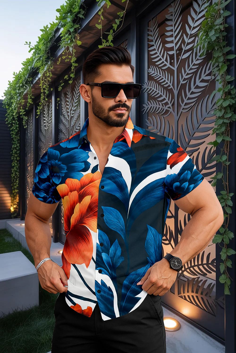 lamboo Men's Hawaiian Style Floral Blue with Orange Branded Printed Stretchable Fabric Half Sleeve Cut Away Collar Casual Beach Summer Wear Shirt-picture-51