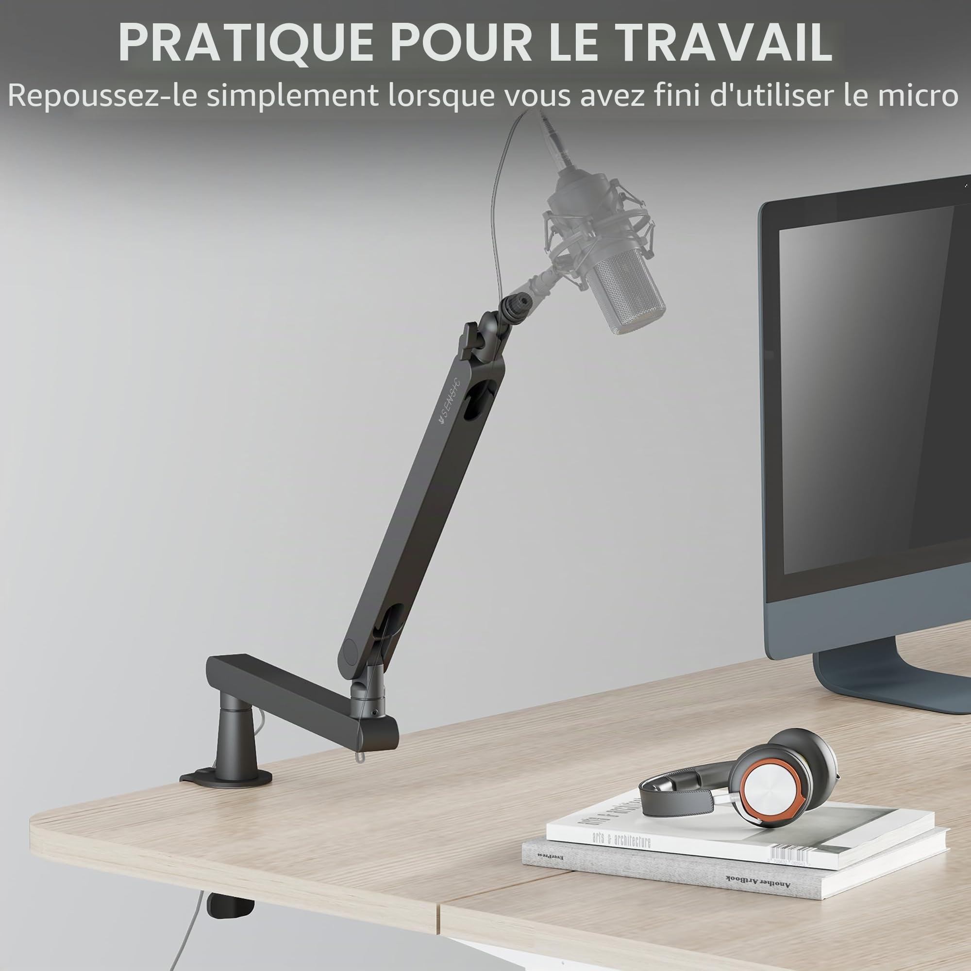 Sensic SA-30 LP Bras de microphone à profil bas, support de micro rotatif à 360°, bras de microphone à profil bas pour streaming avec gestion des câbles, support de microphone professionnel, bras