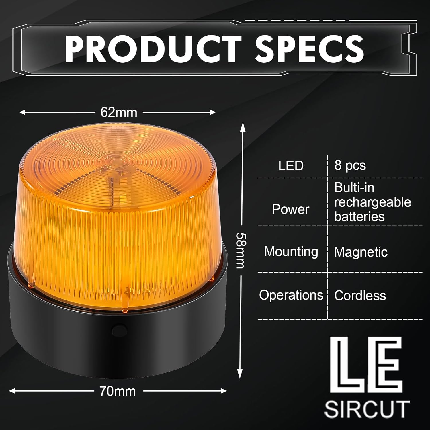 LE228 (Mini) — Amber LED USB Rechargeable Strobe Beacon | Selectable Rotation & Flash Modes | Strong Magnetic Base for Car • Truck • Emergency • Construction | Energy Class A++