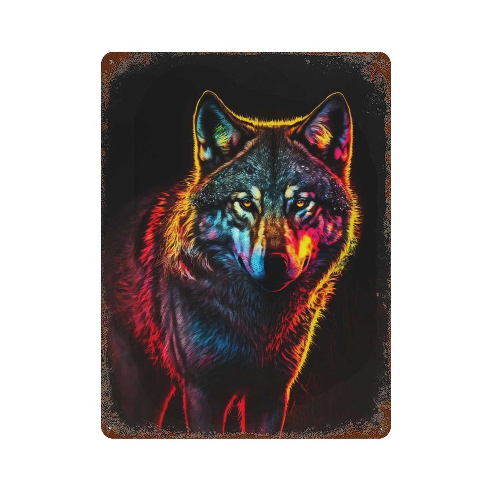 Vintage Rust Metal Sign Colorful Wolf 15.7"x11.8", Shabby Chic Decor for Cafe, Home Bar And Lounge Decor