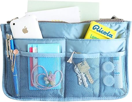 Bag in Bag Dual Insert Multi-function Handbag Travel Makeup Organizer Pockets Blue