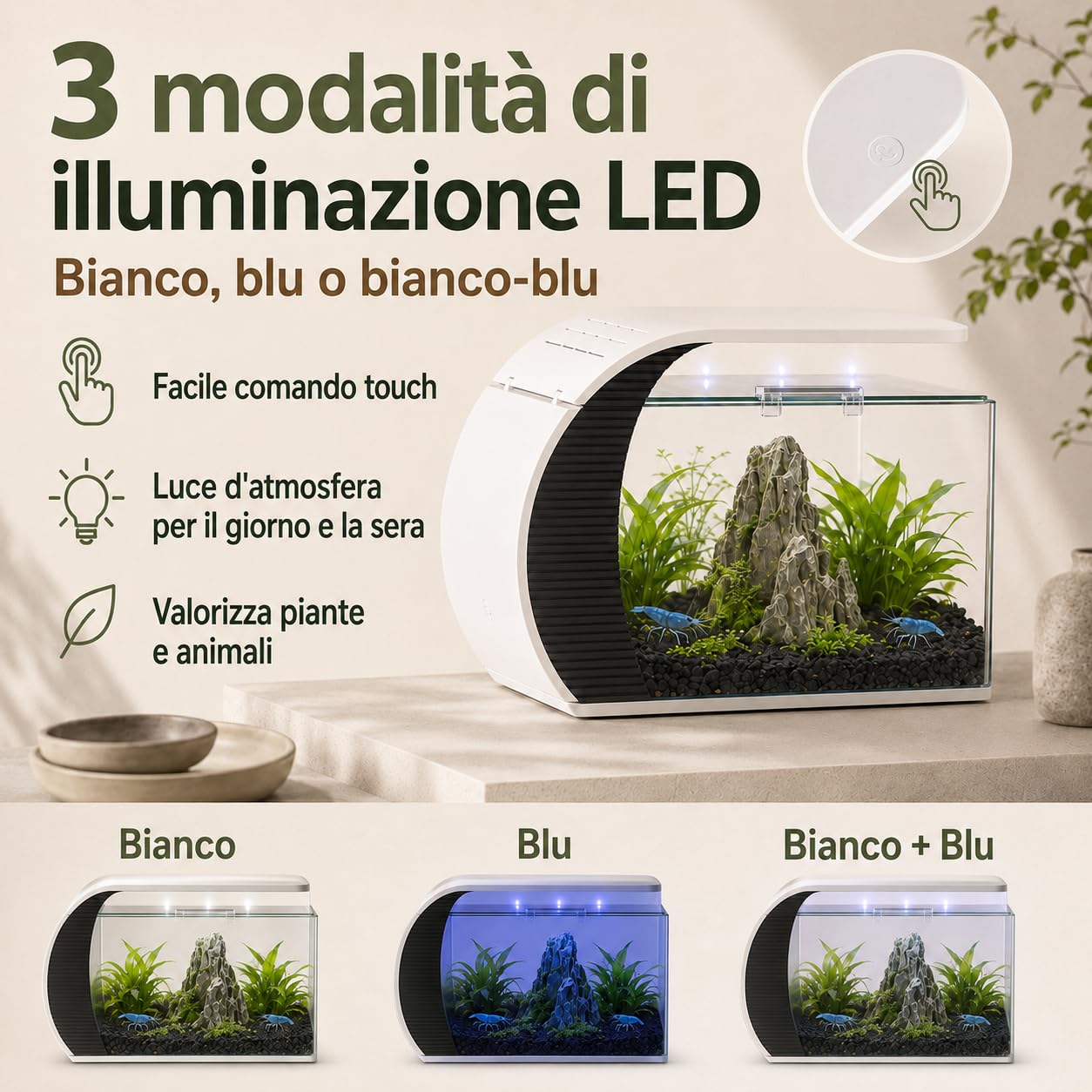 Acquario con illuminazione a LED e pompa d'acqua, capacità per pesci ornamentali, granchi, piante, ideale per soggiorno, camera da letto, ufficio, decorazione